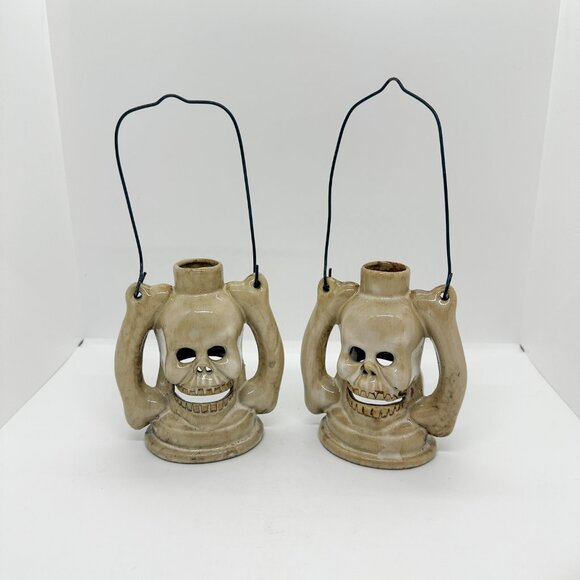 SOLD Ceramic Skeleton Skull Lantern Tea Light Candle Halloween Bones Spooky - Picture 7 of 13